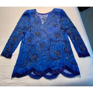 Nadine Boutique Women's Vintage Estate Blouse Hand-Beaded Royal Blue A+
